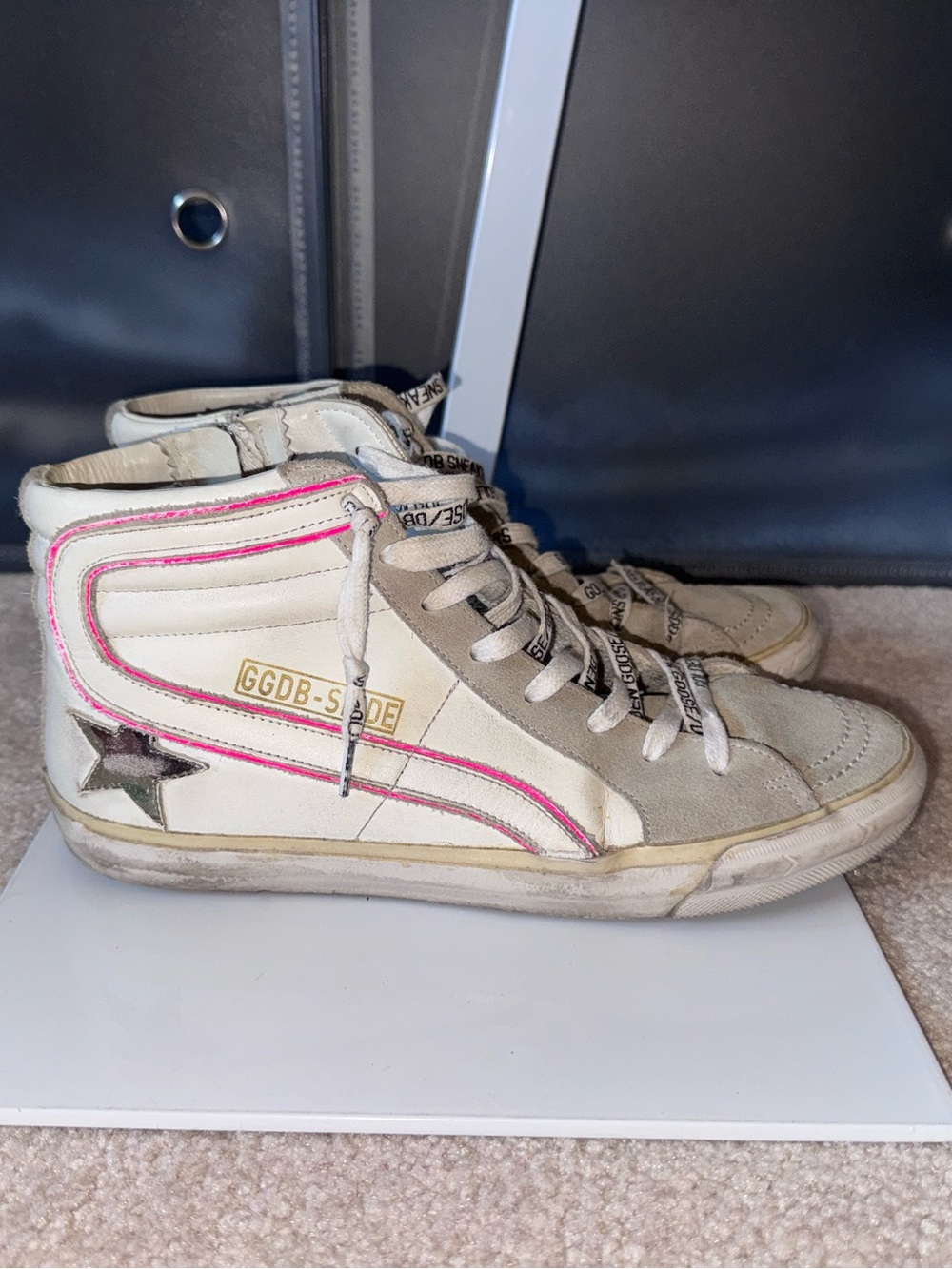 Golden Goose Slide Leather Sneakers White/Tan w/ Pink Accents & Camo Star Sz 39